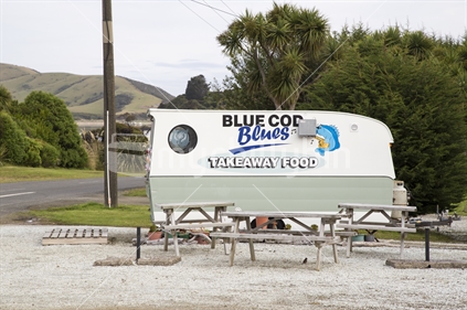 Fish and chip shop in a caravan, Waikawa, Catlins