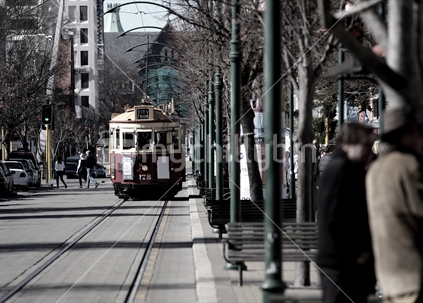 Old tram takes tourists through Christchurch's inner city, New Zealand