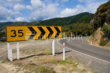 Coastal Road, East Coast, North Island, New Zealand with 35 km speed sign on corner