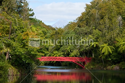 Poets Bridge across the lake at Pukekura Park, New Plymouth, Taranaki with Mt Taranaki in background, New Zealand
