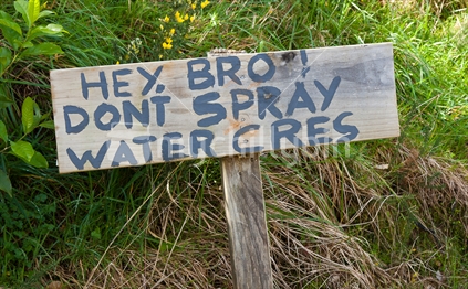 Hey Bro Dont Spray Water Cres Sign on side of road, New Zealand