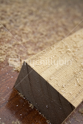 Cut timber with sawdust