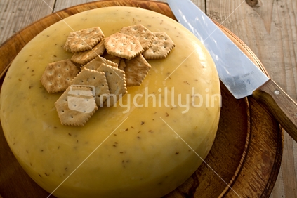 NZ-made cheese round with crackers