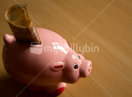 Piggy bank with $5 note, New Zealand currency