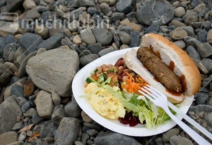 Sausage in roll and salad picnic lunch on a rocky river bank
