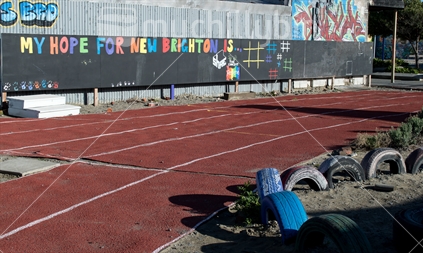 "The Creative Quarter" in quake ravaged New Brighton, Christchurch  (the running track surface is from QEII stadium)