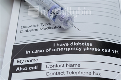 Emergency Contact Card for a diabetic and insulin syringe
