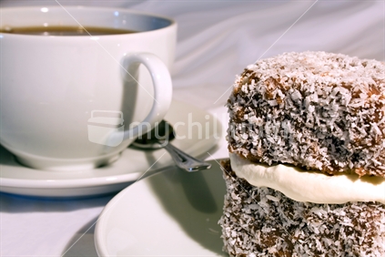 Chocolate lamington with hot drink 