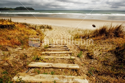 A path, protected by timber steps, through the dunes to Onetangi Beach, Waiheke Island, New Zealand. (foreground focus)