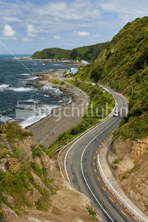 Coast road and cliffs at Pass of Branda, Breaker Bay, Wellington South Coast (near focus)