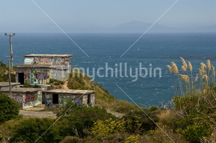 Looking across toetoe and a graffitti covered derelict war fortification on the North Island, towards a wind lashed Cook Strait and sole yacht, with the South Island in the distance