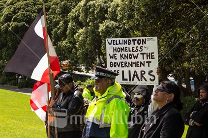 Protesters and a Maori Warden outside Parliament after a march to protest at the sale of state houses