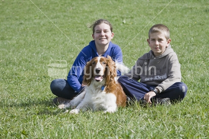 Caucasian teenage female and male child with their Welsh Springer dog