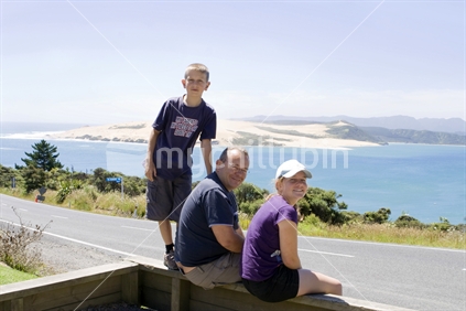 Father and children at the lookout to the Hokianga Harbour