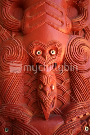 Close up of wooden carving from Waitangi Treaty Grounds 