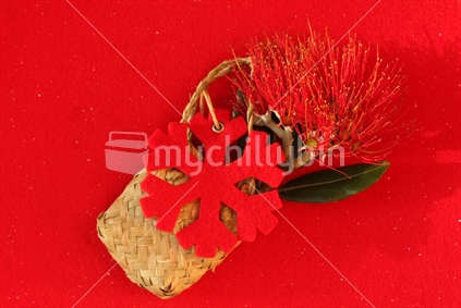Flax bag with a Pohutukawa blossom  and christmas snowflake
