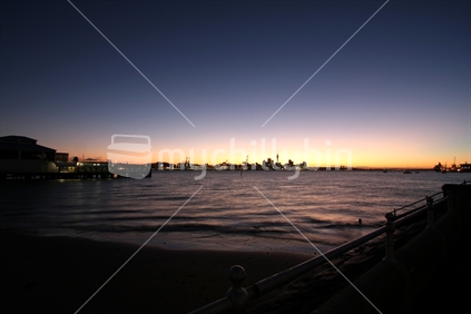 Auckland skyline at sunset from Devonport, North Island, New Zealand
