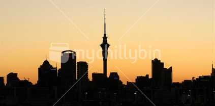 Auckland skyline at sunset from Devonport, North Island, New Zealand
