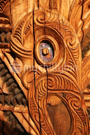 Close up of wooden carving from Te Puia, Rotorua
