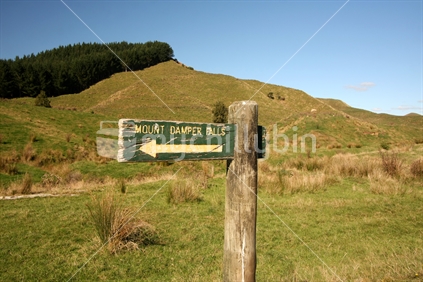 Forgotten World Highway, Mount Damper Falls sign, Taranaki, North Island 
