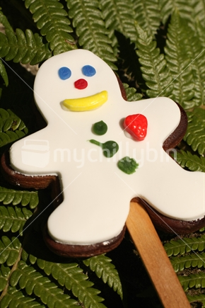 Gingerbread man cookie on New Zealand fern.
