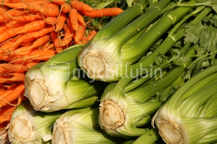 Organic celery, and carrots at A New Zealand farmers' market.
