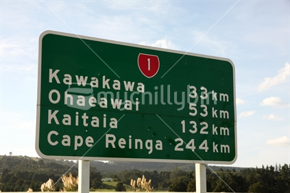 Cape reinga road sign in Northland, North Island, New Zealand