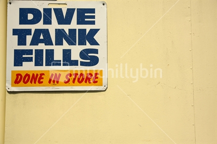 Dive Tank Fills sign, Russell, North Island, New Zealand