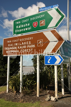 Twin Coast Discovery Highway signs, Dargaville, Northland, New Zealand.