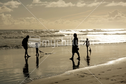 Family day on the beach, Muriwai, Waitakeres, Auckland, New Zealand. 
