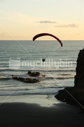 Hang with me; hang-glider over Maori Bay, Muriwai, Auckland, New Zealand
