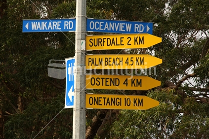 Street signs on Waiheke island, North Island, New Zealand
