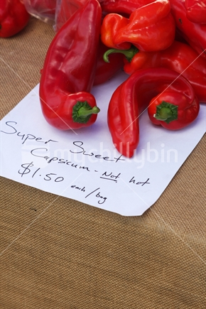Organic sweet capsicums on display at a farmers market in New Zealand. 