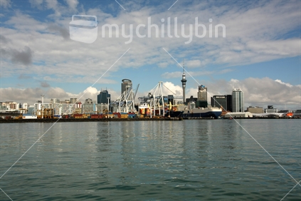 Auckland skyline across the Waitemata Harbour; seen from Devonport ferry.
