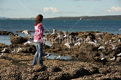 young woman at Takapuna's volcanic coastline surrounded by seagulls