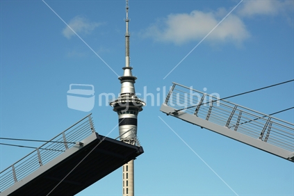 Auckland's icons; Te Wero drawbridge at Viaduct Harbour, as foreground for the Skytower. 
