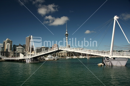 drawbridge with Skytower in the background, Wynyard Quarter, Auckland, New Zealand
