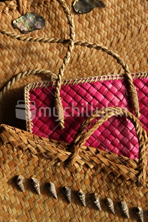 New Zealand hand woven kete, with paua shells


