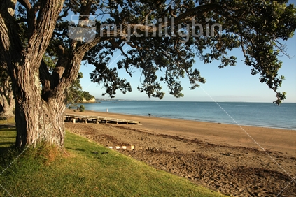 Narrow Neck beach with boat ramp in the foreground, North Shore, Auckland.