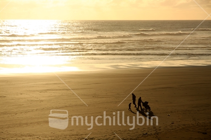 Family at Muriwai beach in the late afternoon sun, Auckland, New Zealand.