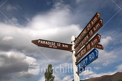 Paradise street sign near Glenorchy, South Island