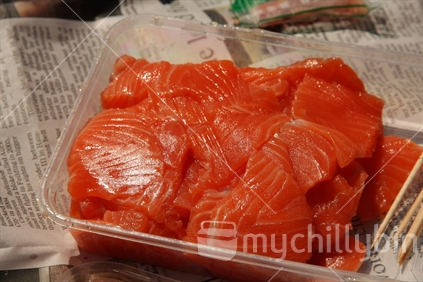 Fresh salmon sashimi for takaways bought from a salmon farm