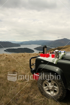 Tea time on top of the hill with view over Lake Wanaka, Matukituki Valley, South Island