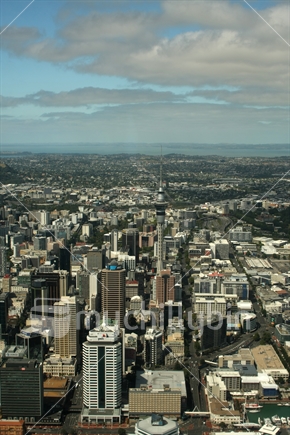 Auckland CBD, from above with focus on the Sky Tower