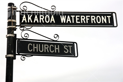 Akaroa waterfront sign, Banks Peninsula, Canterbury, South Island