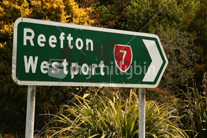 Mossy street sign direction Reefton / Westport, SH7, West Coast, South Island