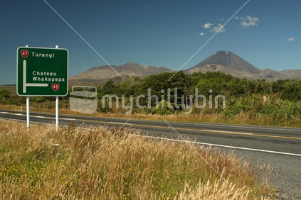Intersection in Tongariro, North Island, with Mt Ngauruhoe in the distance.