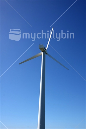 Wind turbine on a still calm day, against blue sky, Wellington