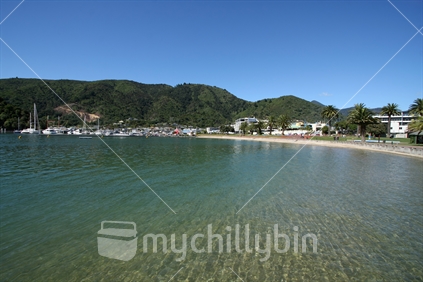 Picton waterfront on a cloudless day, Marlborough, South Island