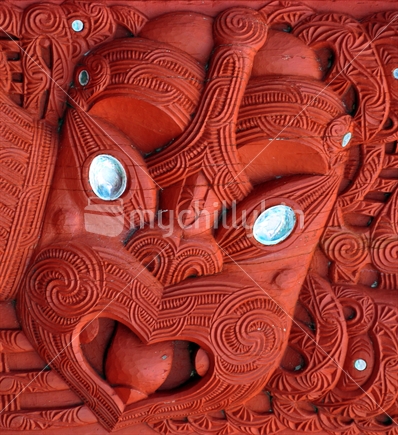 Close up of part of wooden Maori carving New Zealand 